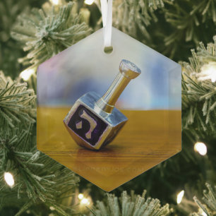 SlipperyJoe's Happy Hanukkah four-sided spinning t Glass Ornament