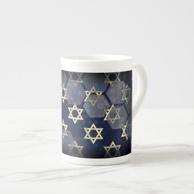 SlipperyJoe's Happy Hanukkah multiple Star of Davi Bone China Mug (Front Right)