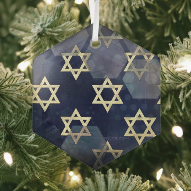 SlipperyJoe's Happy Hanukkah multiple Star of Davi Glass Ornament (Insitu)