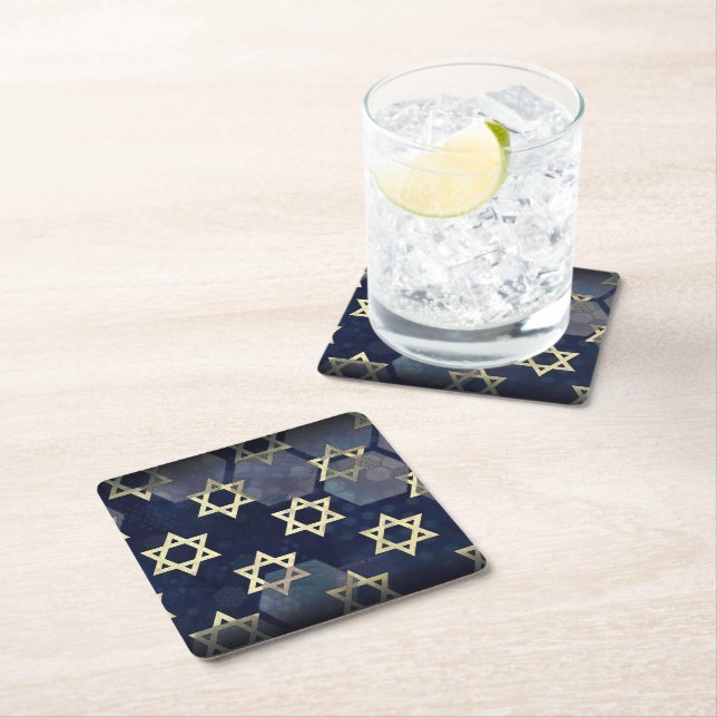 SlipperyJoe's Happy Hanukkah multiple Star of Davi Square Paper Coaster (Insitu)