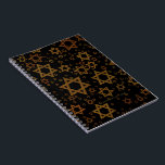 SlipperyJoe's Happy Hanukkah multiple Stars of Dav Notebook<br><div class="desc">SlipperyJoe's Happy Hanukkah multiple Stars of David pattern artistic Celebration Jewish identity heritage Hebrew Chanukah gifts decorations Judaism significant symbol religion various sizes brown gold shades visually appealing intricate design</div>