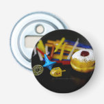 SlipperyJoe's Happy Hanukkah Star of David coin me Bottle Opener<br><div class="desc">SlipperyJoe's Happy Hanukkah Star of David coin menorah colourful candles Celebration Jewish sufganiyah treat Hebrew Chanukah dreidels traditional spinning tops gifts decorations Judaism religion artistic jelly-filled doughnut powdered sugar</div>