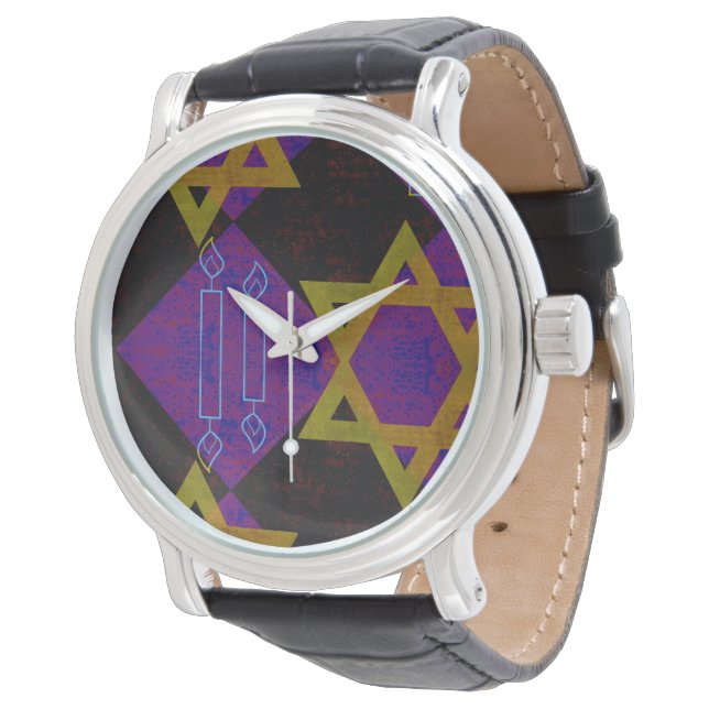 SlipperyJoe's Happy Hanukkah Star of David menorah Watch (Angled)