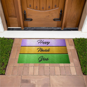 SlipperyJoe's Happy Mardi Gras purple gold green b Doormat