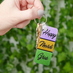 SlipperyJoe's Happy Mardi Gras purple gold green b Keychain