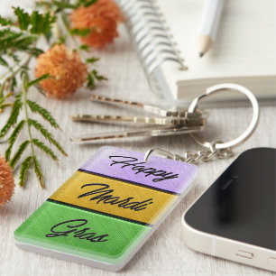 SlipperyJoe's Happy Mardi Gras purple gold green b Keychain