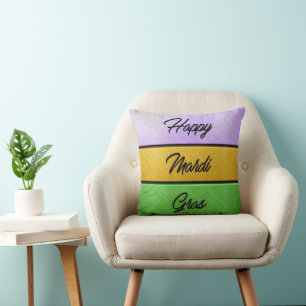 SlipperyJoe's Happy Mardi Gras purple gold green b Throw Pillow