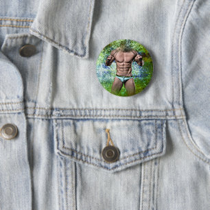 SlipperyJoe's highly muscular adult man shirtless  2 Inch Round Button
