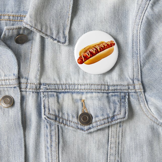 SlipperyJoe's hot dog nestled soft bun vibrant yel 2 Inch Round Button (In Situ)
