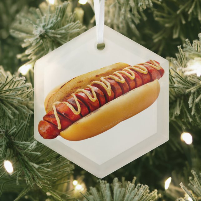 SlipperyJoe's hot dog nestled soft bun vibrant yel Glass Ornament (Insitu)