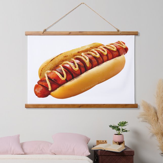 SlipperyJoe's hot dog nestled soft bun vibrant yel Hanging Tapestry (Bedroom)