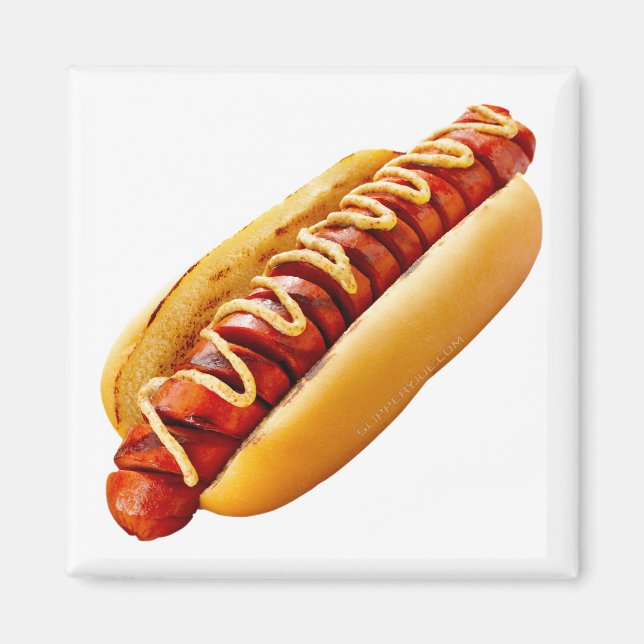 SlipperyJoe's hot dog nestled soft bun vibrant yel Magnet (Front)
