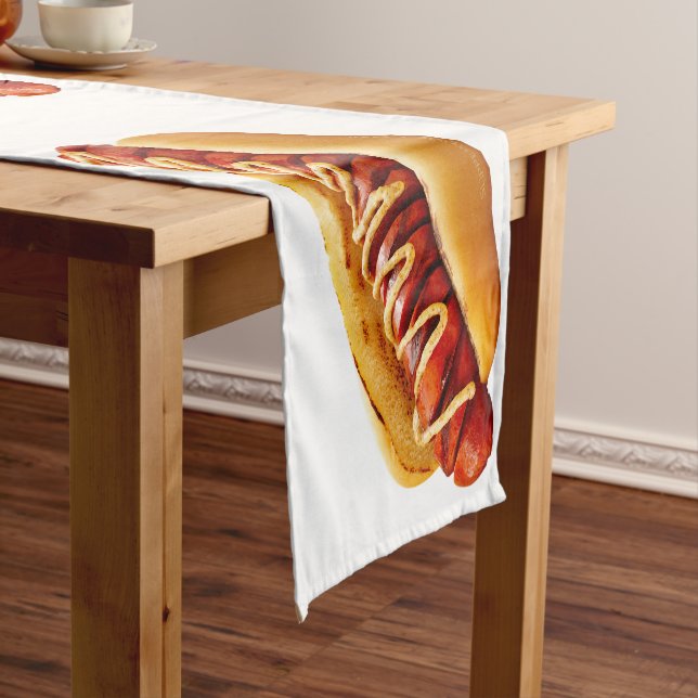 SlipperyJoe's hot dog nestled soft bun vibrant yel Short Table Runner (In Situ)