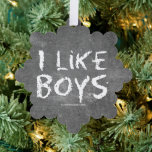 SlipperyJoe's I Like Boys dirty chalkboard dark te Ornament Card<br><div class="desc">SlipperyJoe's I Like Boys dirty chalkboard dark textured background bold distressed white lettering stark gritty aesthetic dust residue dull greyish haze distracting smudges erasing leaving streaks LGBTQIA gay pride gifts artistic raw expressive rebellious feel cheeky straightforward honesty</div>