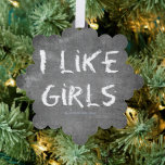SlipperyJoe's I Like Girls dirty chalkboard dark t Ornament Card<br><div class="desc">SlipperyJoe's I Like Girls dirty chalkboard dark textured background bold distressed white lettering stark gritty aesthetic dust residue dull greyish haze distracting smudges erasing leaving streaks LGBTQIA gay pride gifts artistic raw expressive rebellious feel cheeky straightforward honesty</div>