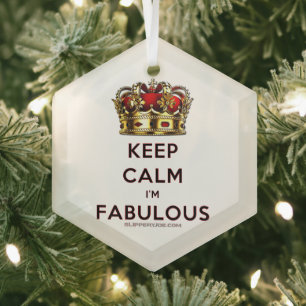 SlipperyJoe's keep calm fabulous golden crown red  Glass Ornament