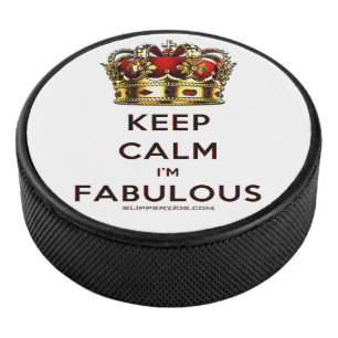 SlipperyJoe's keep calm fabulous golden crown red Hockey Puck
