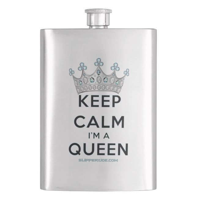 SlipperyJoe's keep calm queen polished silver crow Hip Flask (Front)