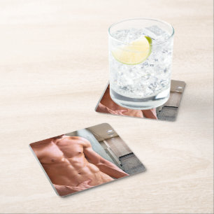 SlipperyJoe's Man sixpack sexy muscles locker room Square Paper Coaster