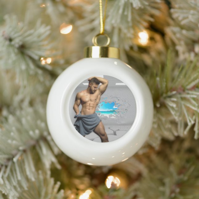 SlipperyJoe's Man towel broken white brick wall ba Ceramic Ball Christmas Ornament (Tree)