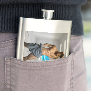 SlipperyJoe's Man towel broken white brick wall ba Hip Flask