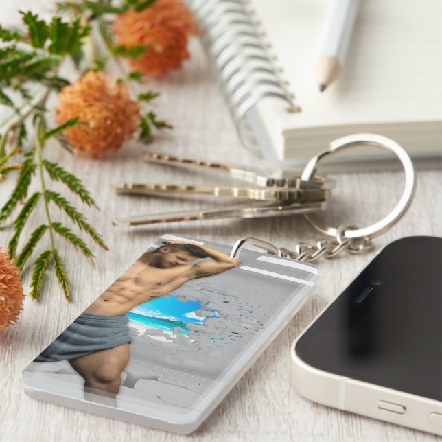 SlipperyJoe's Man towel broken white brick wall ba Keychain (Front Right)