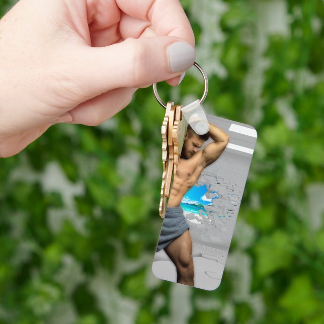 SlipperyJoe's Man towel broken white brick wall ba Keychain (Hand)