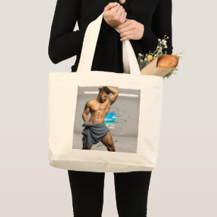 SlipperyJoe's Man towel broken white brick wall ba Large Tote Bag