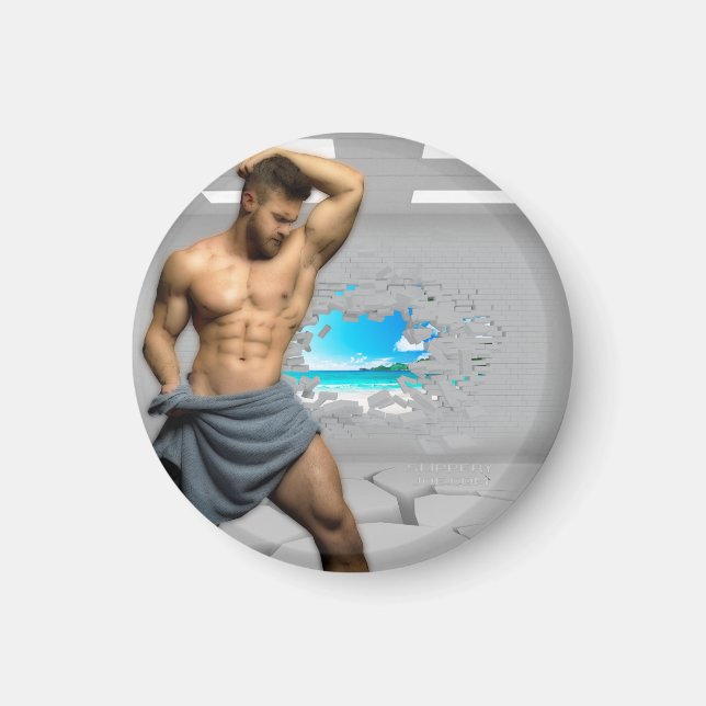 SlipperyJoe's Man towel broken white brick wall ba Magnet (Front)