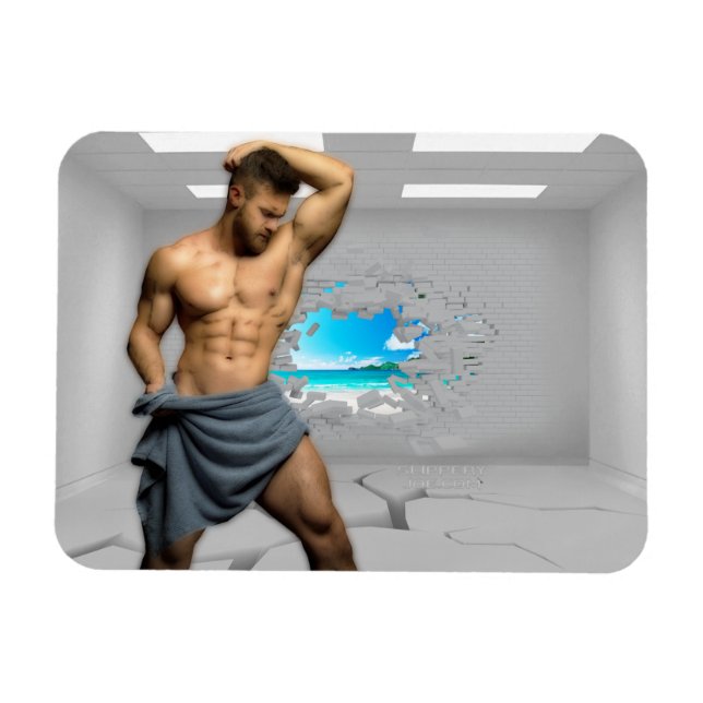 SlipperyJoe's Man towel broken white brick wall ba Magnet (Horizontal)