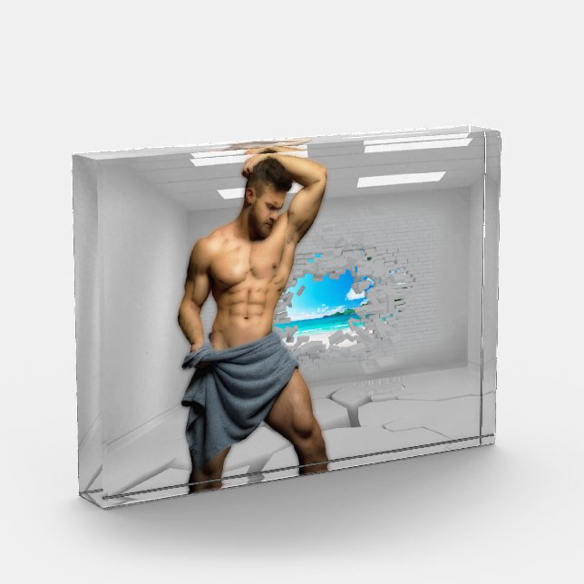 SlipperyJoe's Man towel broken white brick wall ba Photo Block (Left)