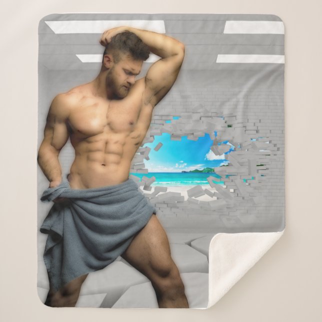 SlipperyJoe's Man towel broken white brick wall ba Sherpa Blanket (Front)