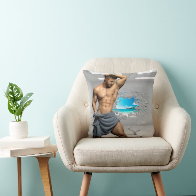 SlipperyJoe's Man towel broken white brick wall ba Throw Pillow (Chair)