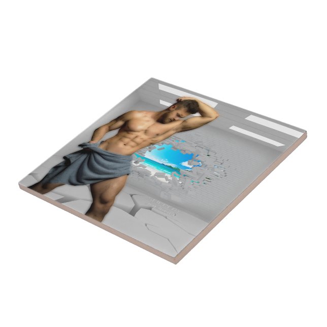 SlipperyJoe's Man towel broken white brick wall ba Tile (Side)