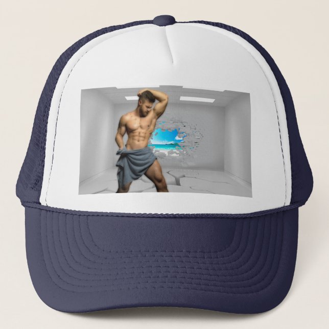 SlipperyJoe's Man towel broken white brick wall ba Trucker Hat (Front)