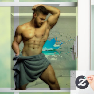 SlipperyJoe's Man towel broken white brick wall ba Window Cling