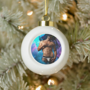 SlipperyJoe's Man underwear bulge purple blue abst Ceramic Ball Christmas Ornament