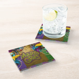 SlipperyJoe's Mardi Gras Bead Necklaces doubloons Glass Coaster