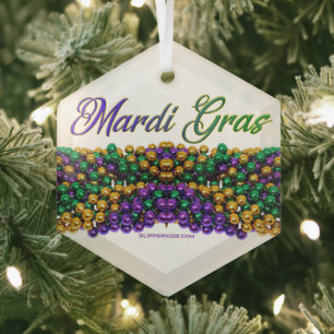 SlipperyJoe's Mardi Gras Bead Necklaces purple gol Glass Ornament