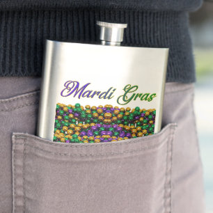 SlipperyJoe's Mardi Gras Bead Necklaces purple gol Hip Flask