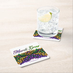 SlipperyJoe's Mardi Gras Bead Necklaces purple gol Square Paper Coaster