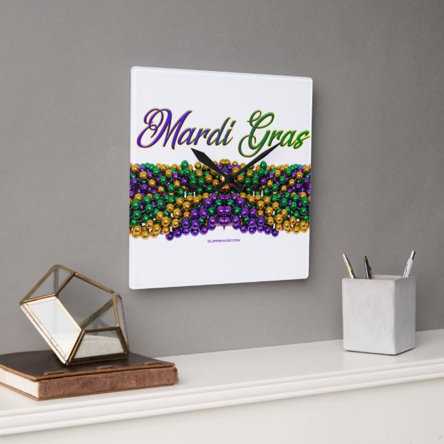 SlipperyJoe's Mardi Gras Bead Necklaces purple gol Square Wall Clock (Office)