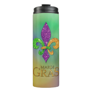 SlipperyJoe's Mardi Gras festival glittery fleur-d Thermal Tumbler