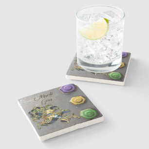 SlipperyJoe's Mardi Gras Mask purple gold green bl Stone Coaster