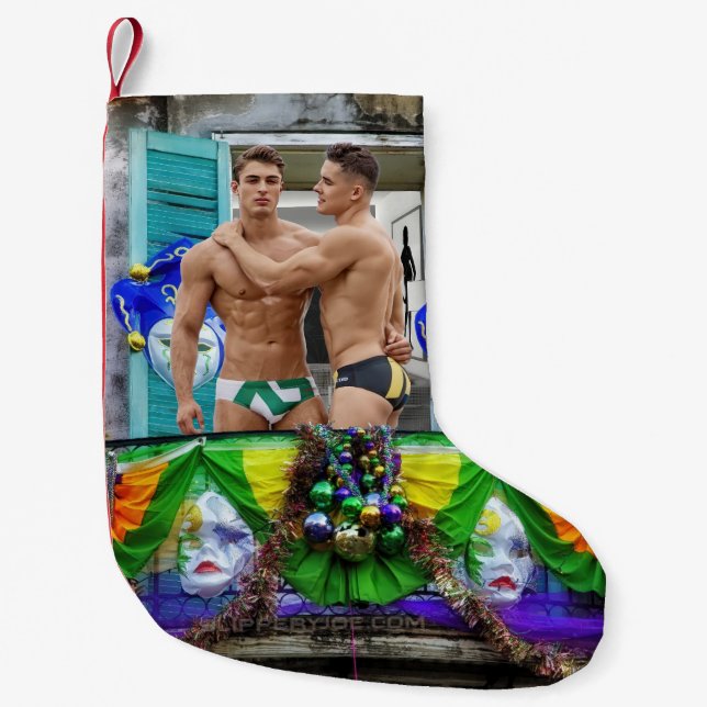 SlipperyJoe's Mardi Gras masks beads decorations s Small Christmas Stocking (Front)
