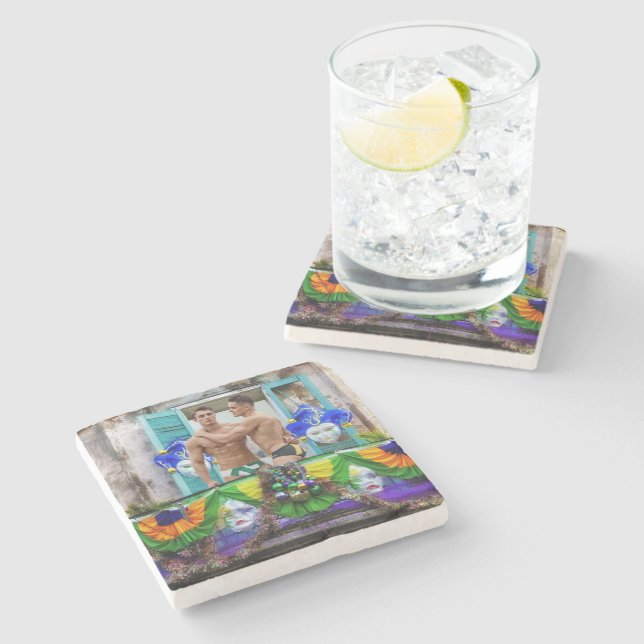 SlipperyJoe's Mardi Gras Men purple gold green bal Stone Coaster (Side)