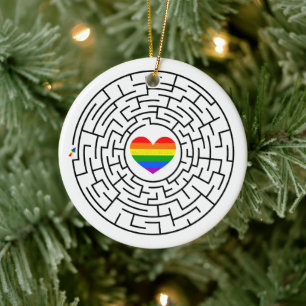 SlipperyJoe's maze encircles rainbow heart arrow m Ceramic Ornament