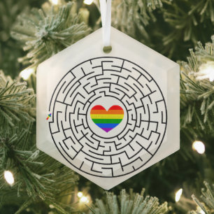 SlipperyJoe's maze encircles rainbow heart arrow m Glass Ornament