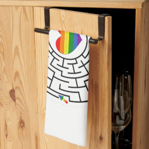 SlipperyJoe's maze encircles rainbow heart arrow m Kitchen Towel