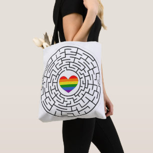 SlipperyJoe's maze encircles rainbow heart arrow m Tote Bag